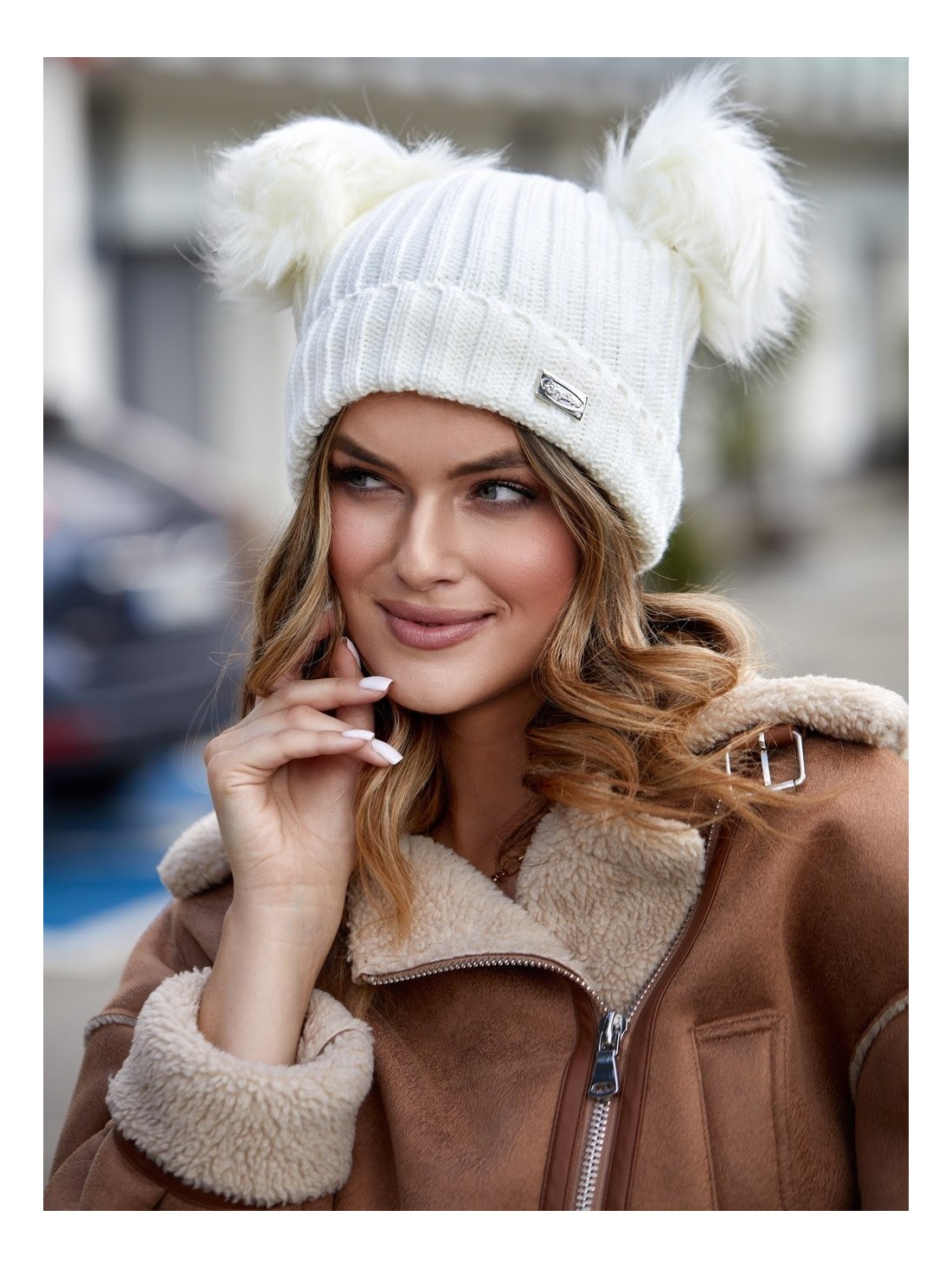 Cream hat with pompoms for winter C5 - Online store - Boutique